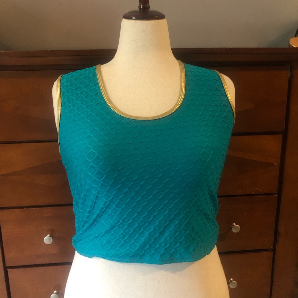Teal Textured Sleeveless Tank with Gold Trim